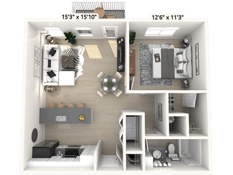 Floor plan for 1 bed, 1 bath, 711 sqft